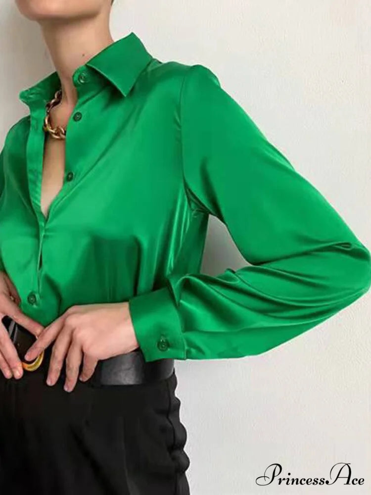 Elegant Long Sleeve Green Silk Blouse green / S