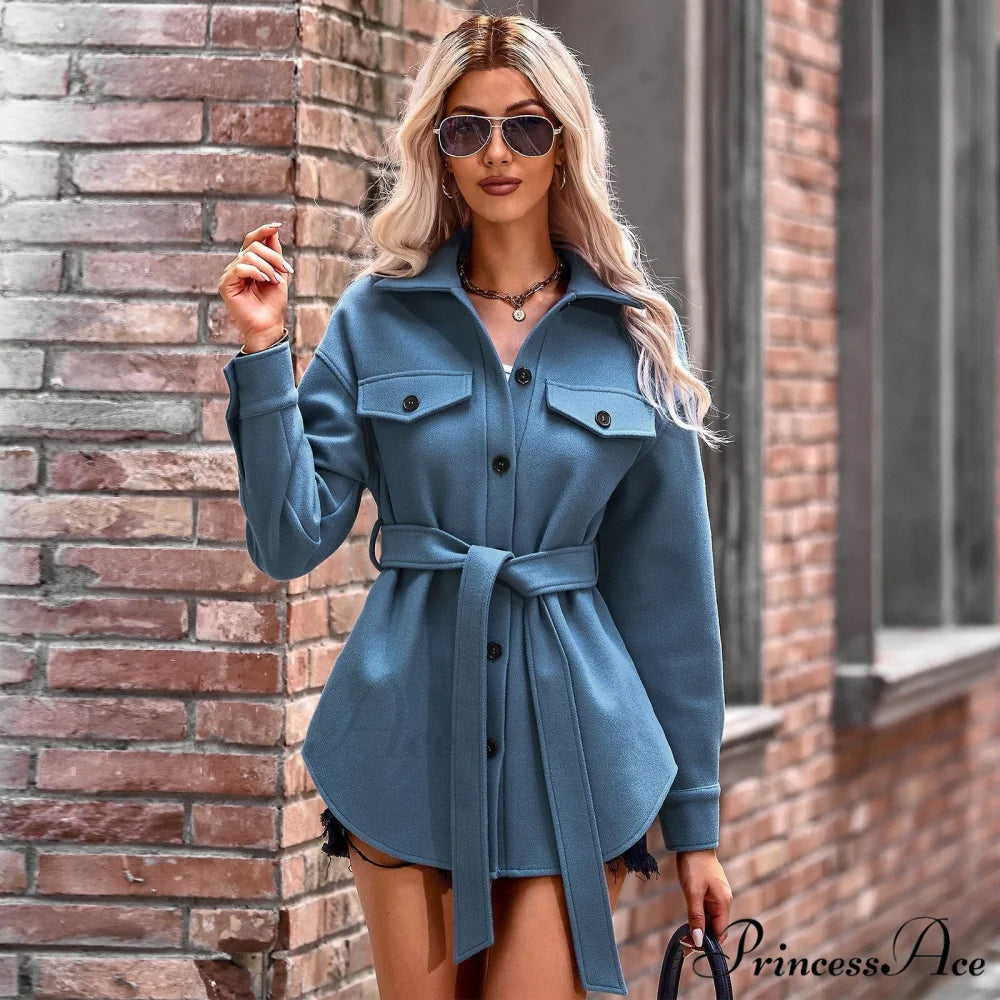 Elegant Long Sleeve Knit Casual Wool Coat Gray-blue / S
