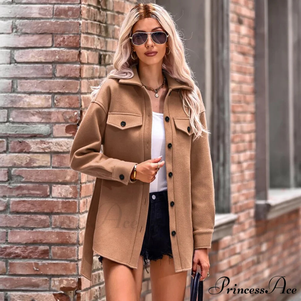 Elegant Long Sleeve Knit Casual Wool Coat light khaki / S