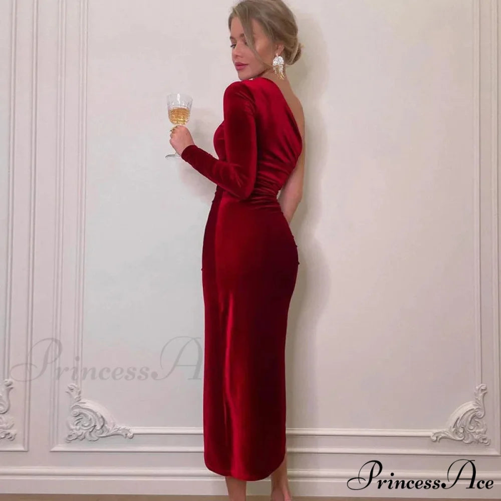 Elegant Long Sleeve Party Evening Velvet Bodycon Split Pencil Midi Christmas Party Dress