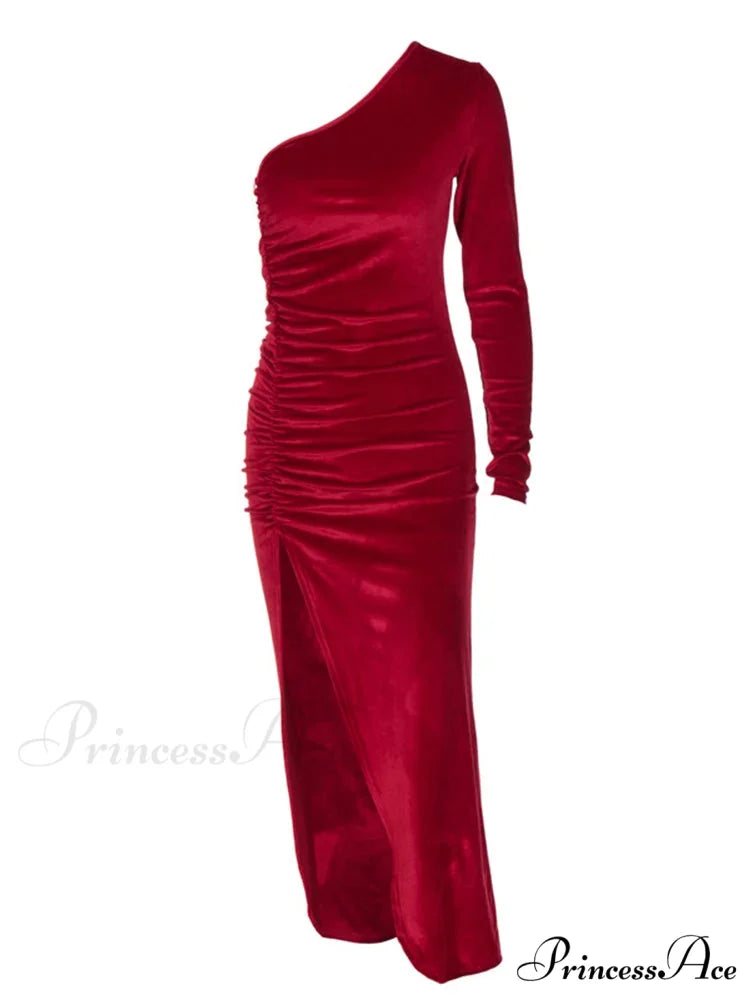 Elegant Long Sleeve Party Evening Velvet Bodycon Split Pencil Midi Christmas Party Dress