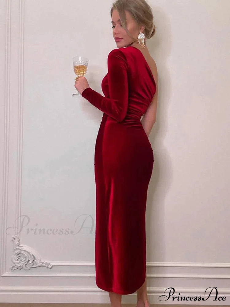 Elegant Long Sleeve Party Evening Velvet Bodycon Split Pencil Midi Christmas Party Dress
