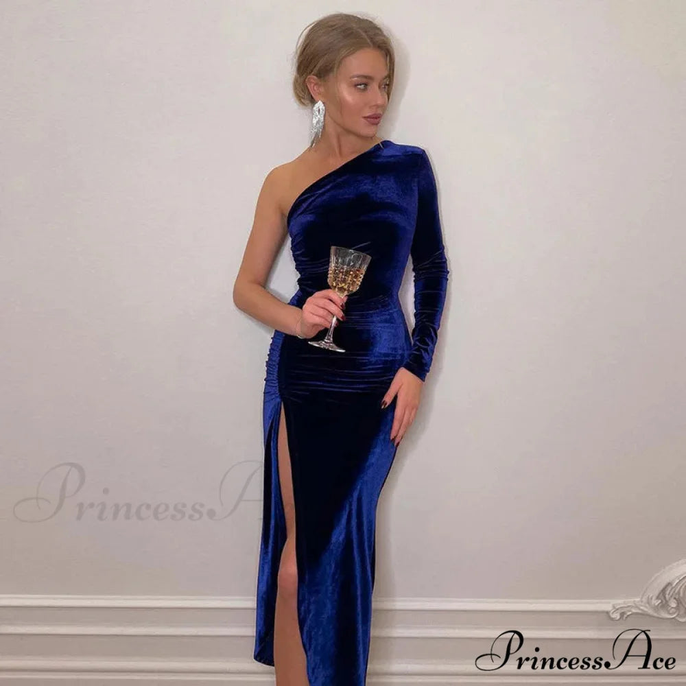 Elegant Long Sleeve Party Evening Velvet Bodycon Split Pencil Midi Christmas Party Dress