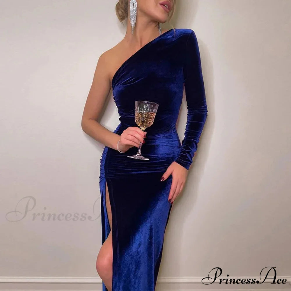 Elegant Long Sleeve Party Evening Velvet Bodycon Split Pencil Midi Christmas Party Dress Blue / S
