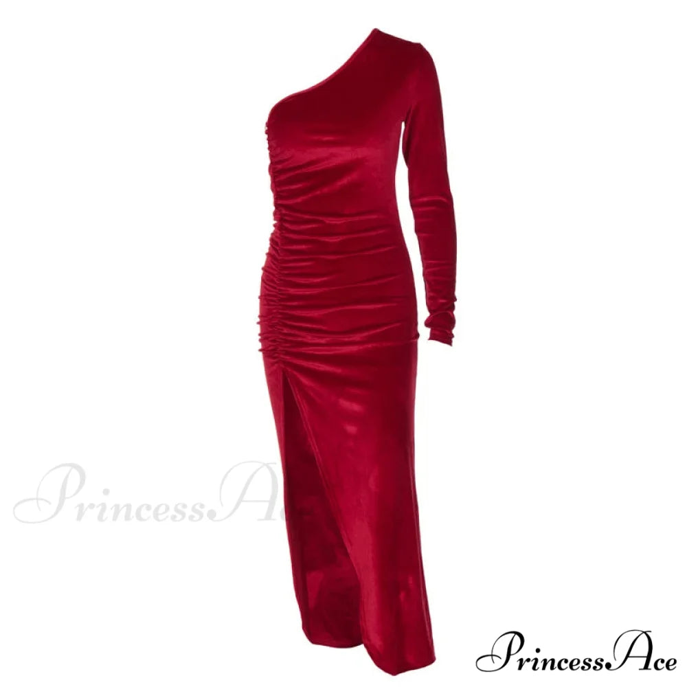 Elegant Long Sleeve Party Evening Velvet Bodycon Split Pencil Midi Christmas Party Dress Red / S