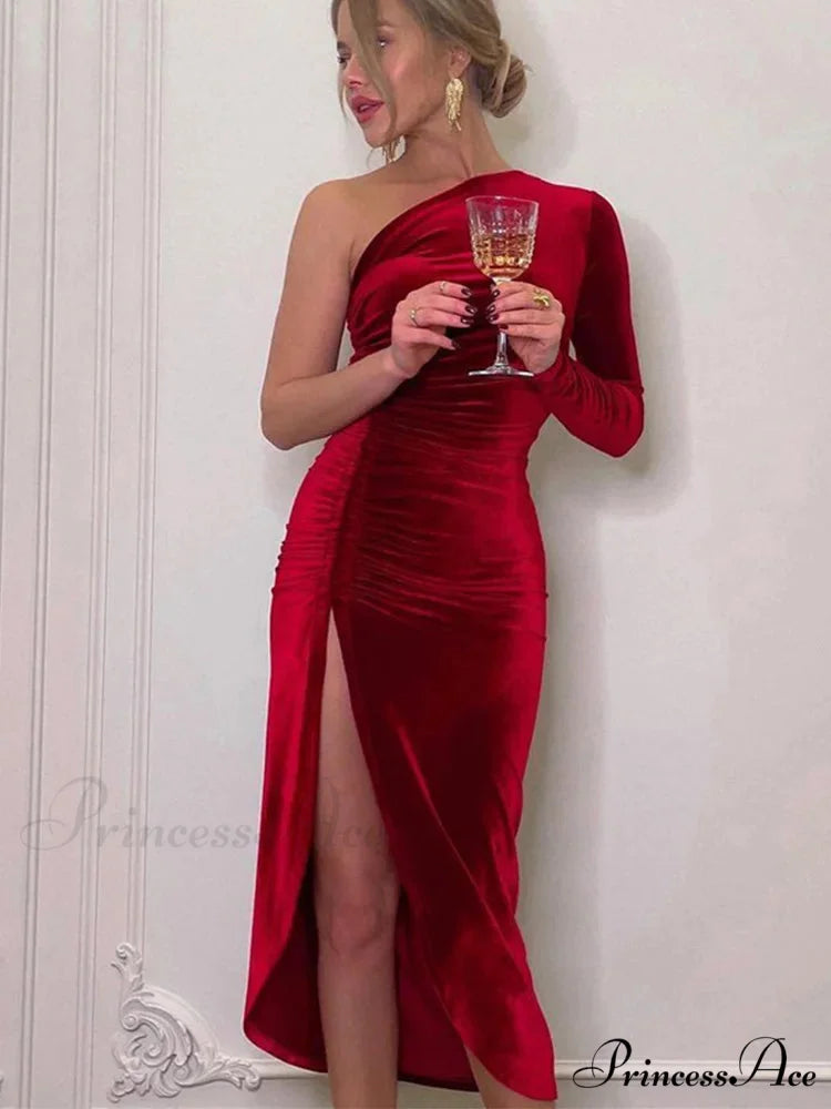 Elegant Long Sleeve Party Evening Velvet Bodycon Split Pencil Midi Christmas Party Dress Red / S