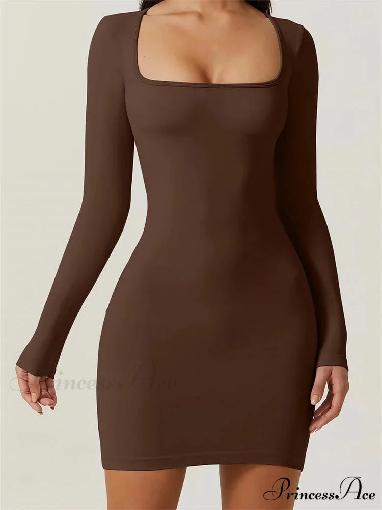 Elegant Long Sleeve Pencil Square Neck Low Mini Dress BROWN / S