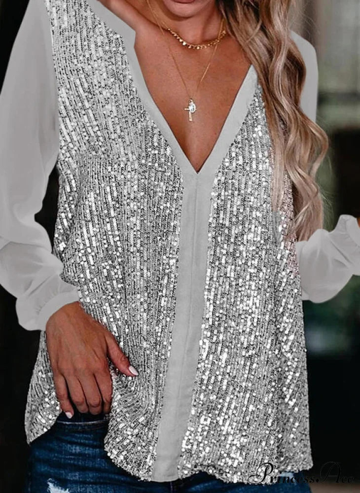 Elegant Long Sleeve Sequin Blouses Shirt