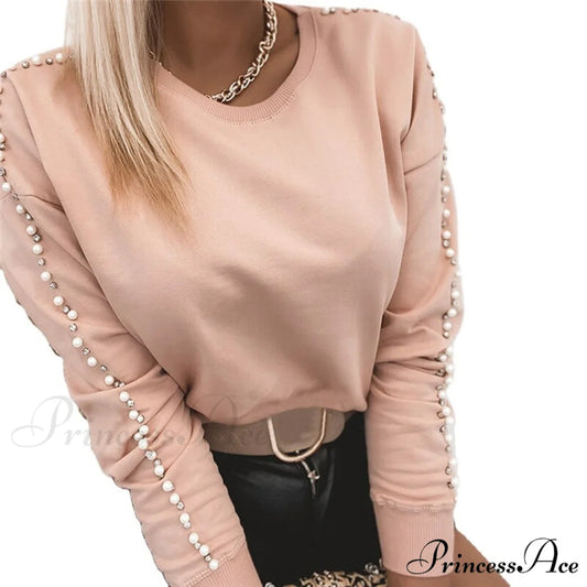 Elegant Long Sleeve Sequins Casual Pullover Pink01 / S
