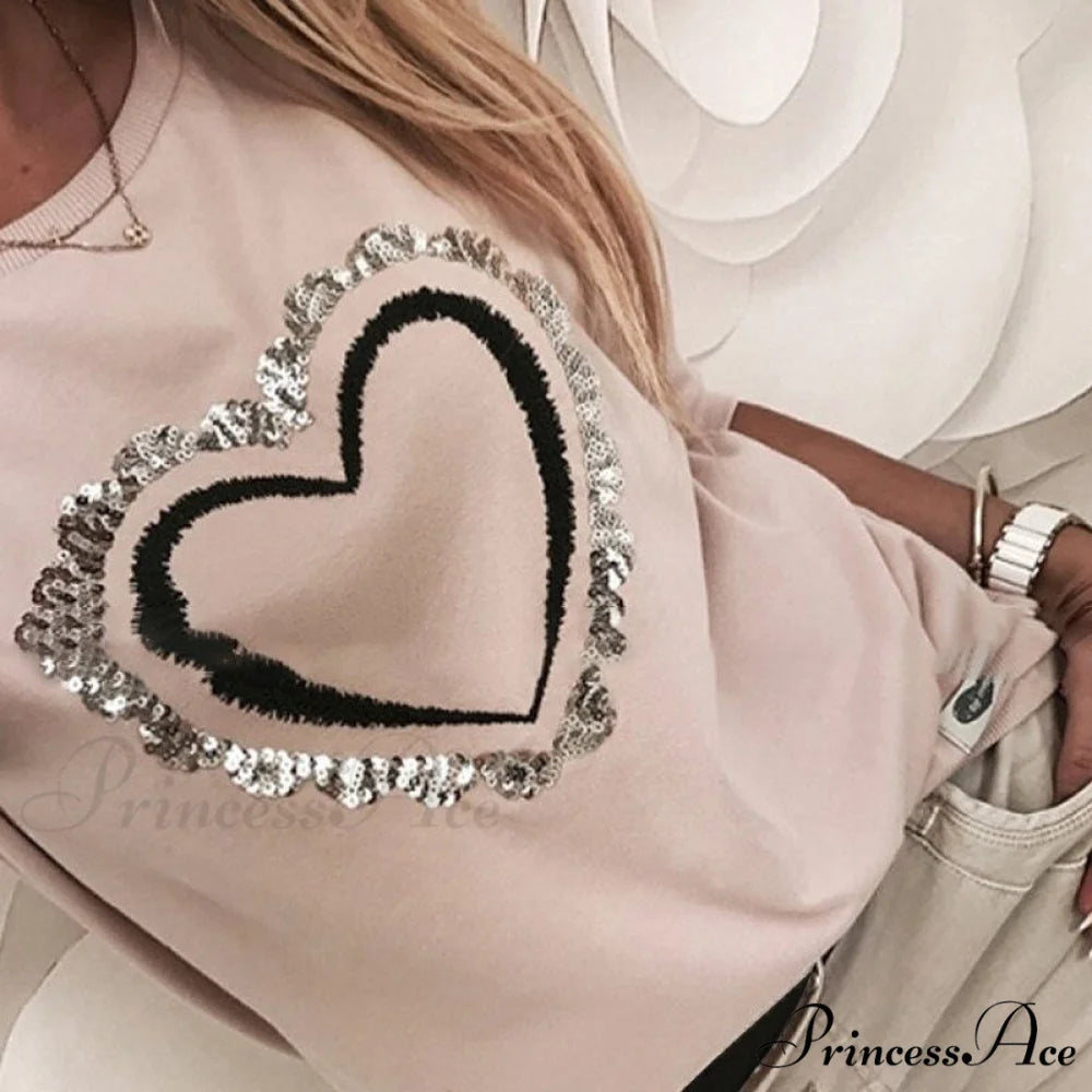 Elegant Long Sleeve Sequins Casual Pullover Pink02 / S