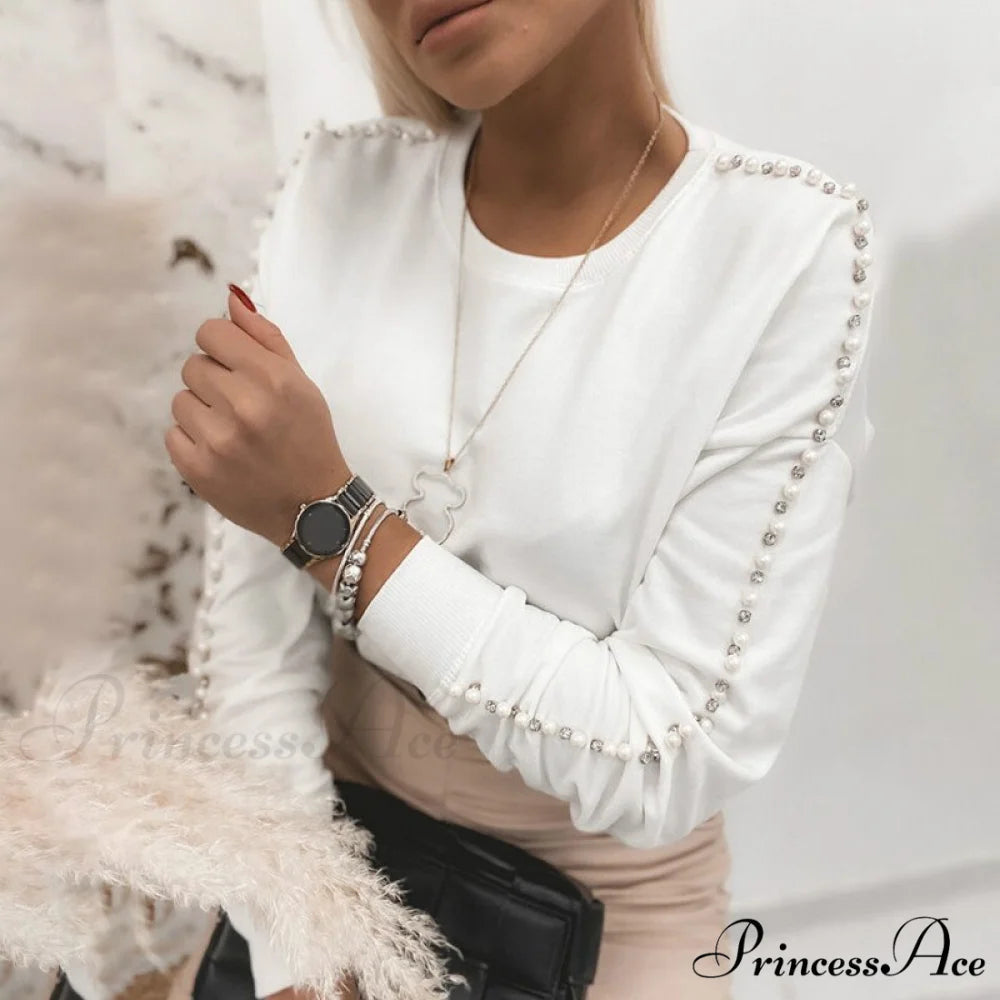 Elegant Long Sleeve Sequins Casual Pullover White01 / S