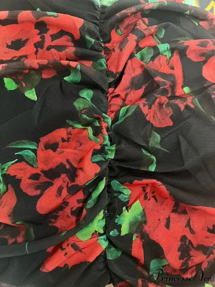 Elegant Long Sleeve Silk Flower Lace Up Red Christmas Party Dress