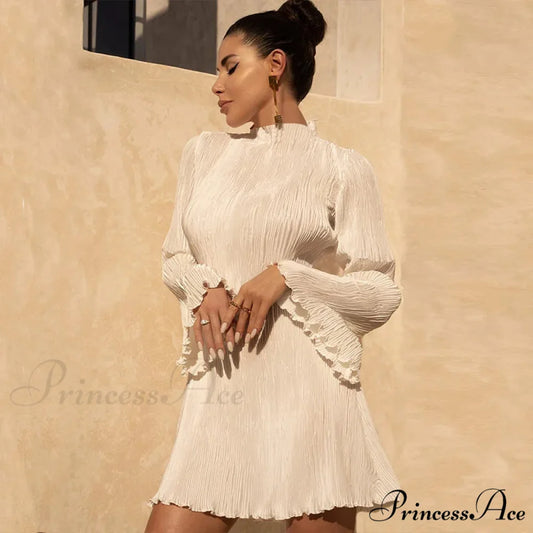 Elegant Long Sleeve Streetwear Green Fall Mini Dress Autumn Christmas Party Dress Apricot / S