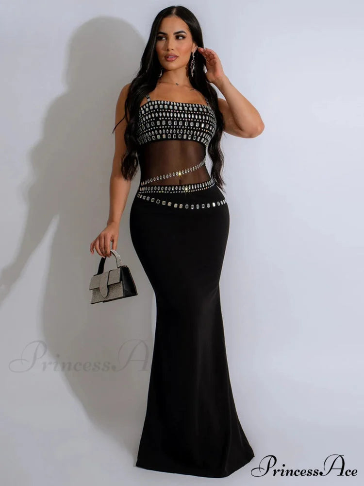 Elegant Mesh See Through Rhinestones Strap Sleeveless Red Christmas Party Dress black / S