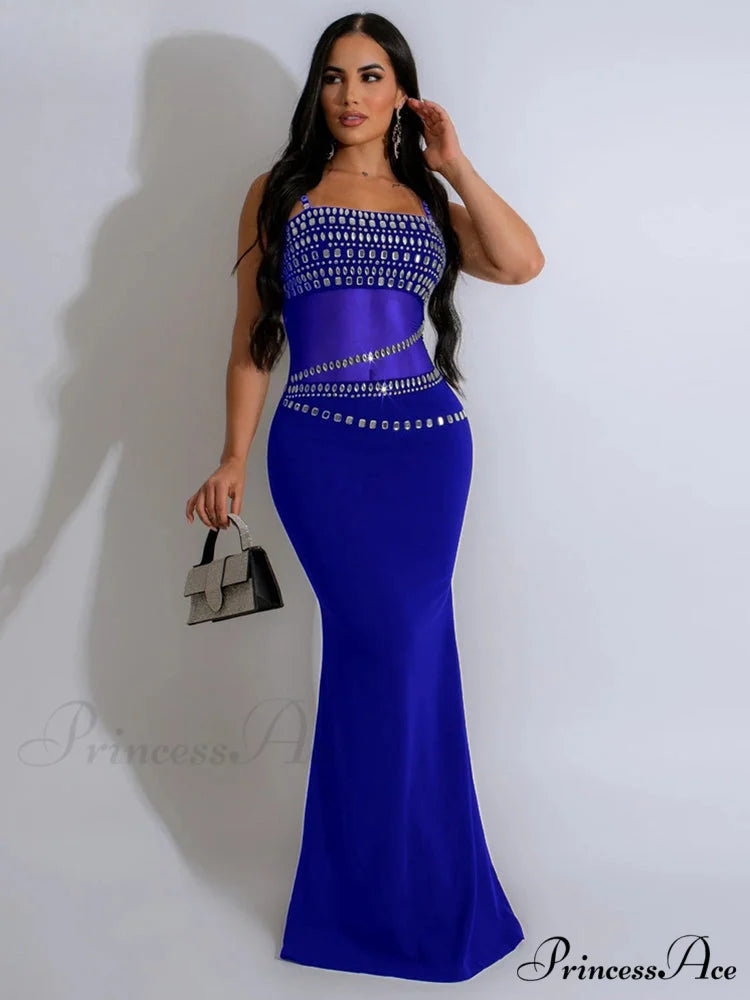 Elegant Mesh See Through Rhinestones Strap Sleeveless Red Christmas Party Dress blue / S