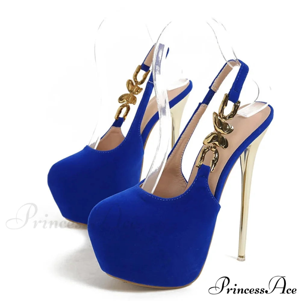 Elegant Metal Butterfly-Chain Back-Strap Extreme High Platform Prom Wedding Sexy Pumps High Heel Blue / 35