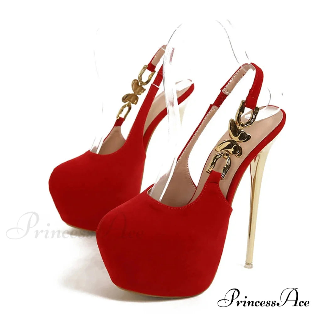 Elegant Metal Butterfly-Chain Back-Strap Extreme High Platform Prom Wedding Sexy Pumps High Heel Red / 35