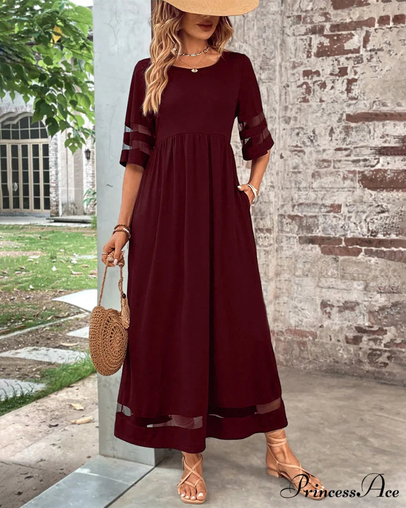 Elegant Mid-Sleeve Crew Neck Dress Burgundy / S