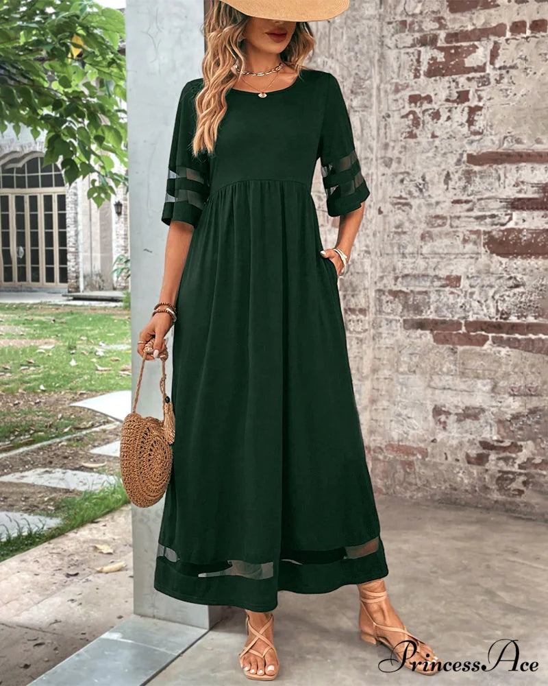 Elegant Mid-Sleeve Crew Neck Dress Green / S