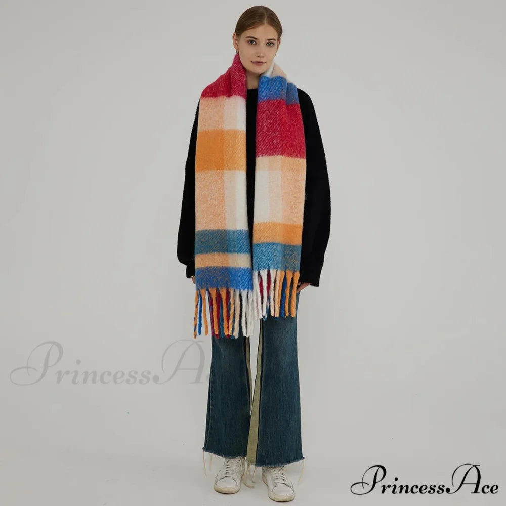 Elegant Minimalist Imitation Cashmere Scarf with Tassel Blue red 231x42CM
