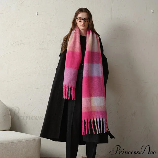 Elegant Minimalist Imitation Cashmere Scarf with Tassel Pink Red 231x42CM