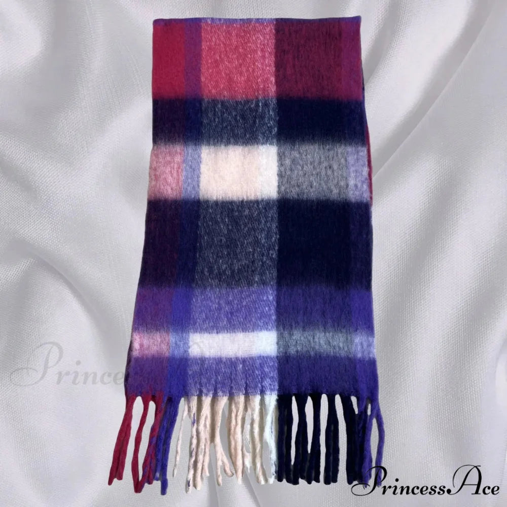 Elegant Minimalist Plaid Long Shawl Thickened Warm Scarf for Women navy red / L231cm W53cm