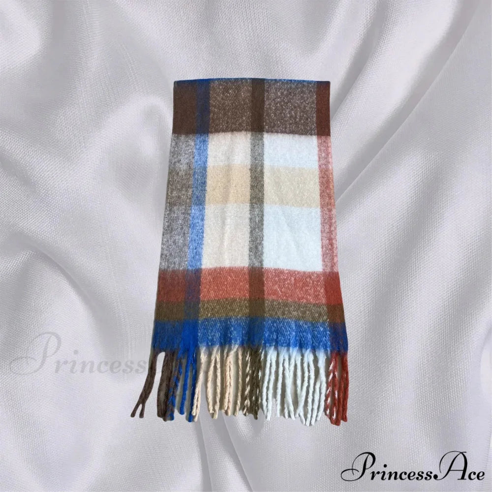 Elegant Minimalist Plaid Long Shawl Thickened Warm Scarf for Women Orange brown / L231cm W53cm