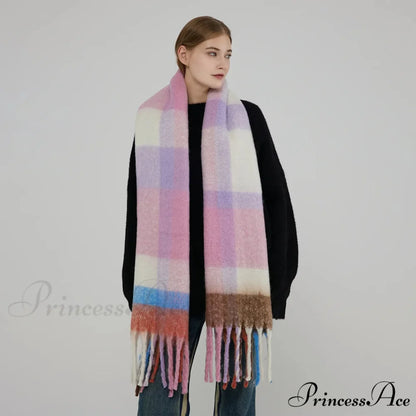 Elegant Minimalist Plaid Long Shawl Thickened Warm Scarf for Women Purple pink / L231cm W53cm