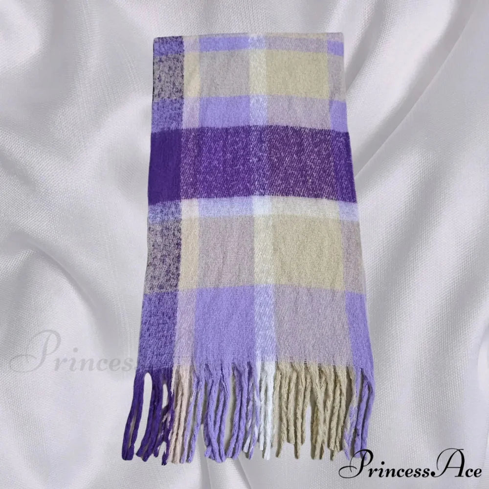 Elegant Minimalist Plaid Long Shawl Thickened Warm Scarf for Women Purple yellow / L231cm W53cm