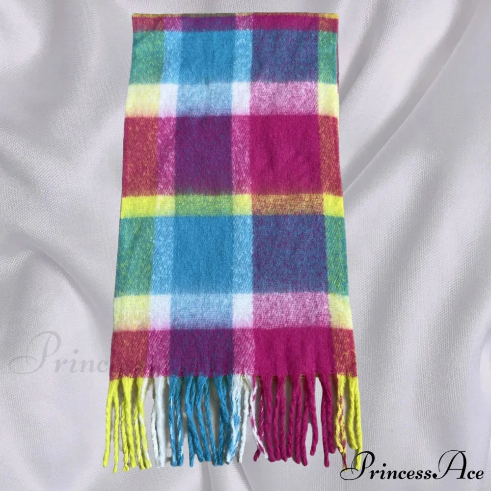 Elegant Minimalist Plaid Long Shawl Thickened Warm Scarf for Women Rainbow / L231cm W53cm