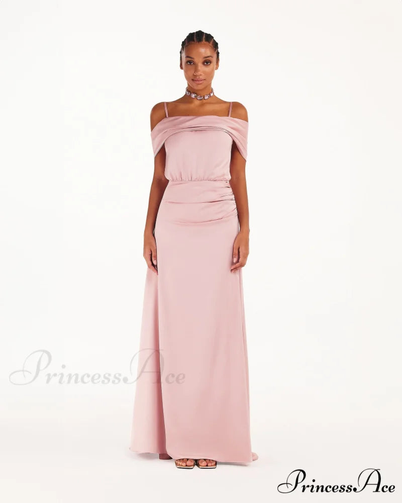 Elegant Misty Rose Charming Off-The-Shoulder Silk Maxi Dress