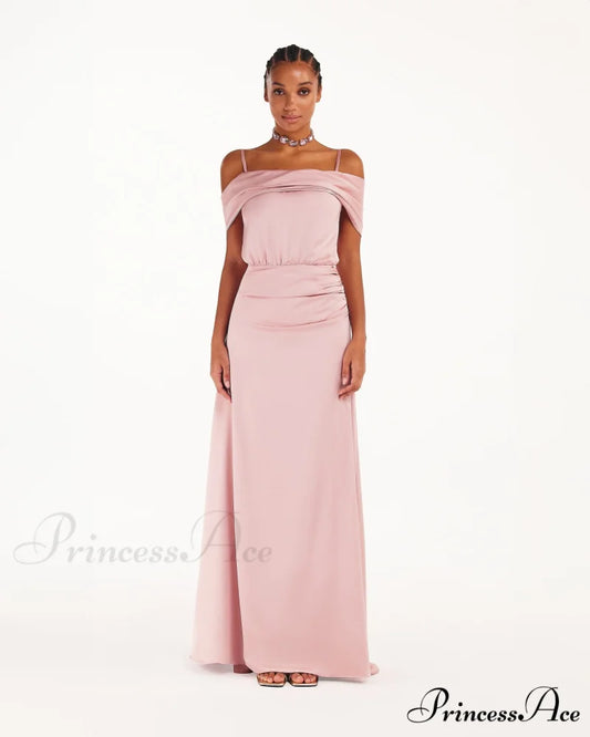 Elegant Misty Rose Charming Off-The-Shoulder Silk Maxi Dress