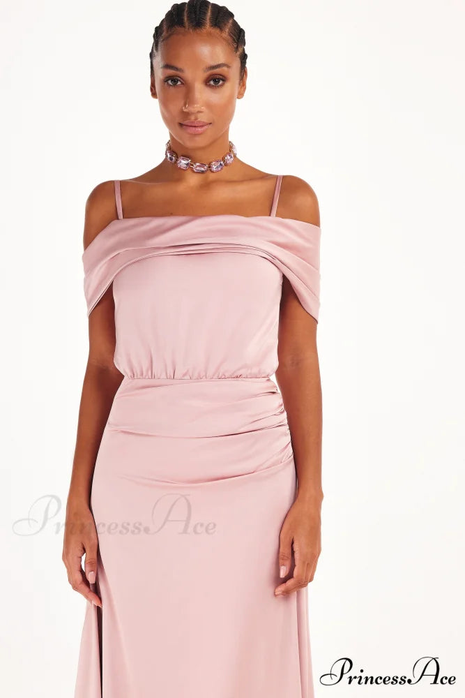 Elegant Misty Rose Charming Off-The-Shoulder Silk Maxi Dress