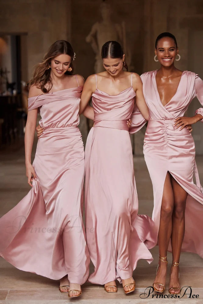 Elegant Misty Rose Charming Off-The-Shoulder Silk Maxi Dress