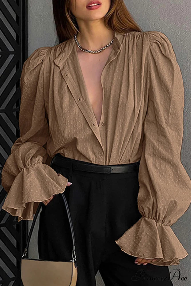 Elegant Neckline Mandarin - Flounce Blouse Solid 3 Color Options Khaki / S