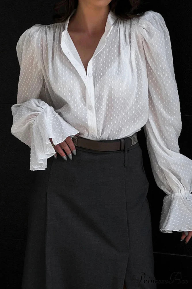 Elegant Neckline Mandarin - Flounce Blouse Solid 3 Color Options White / S
