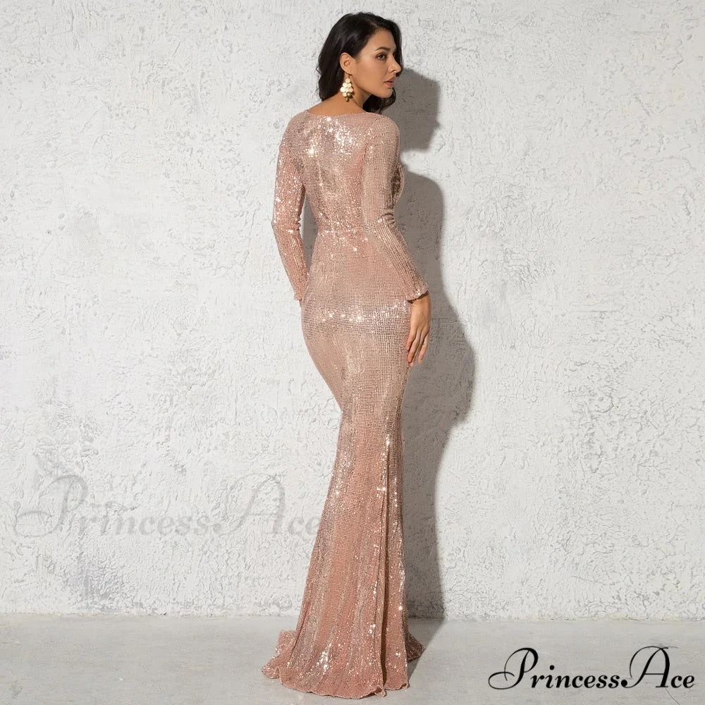 Elegant O Neck Long Sleeve Sequin Maxi Dress