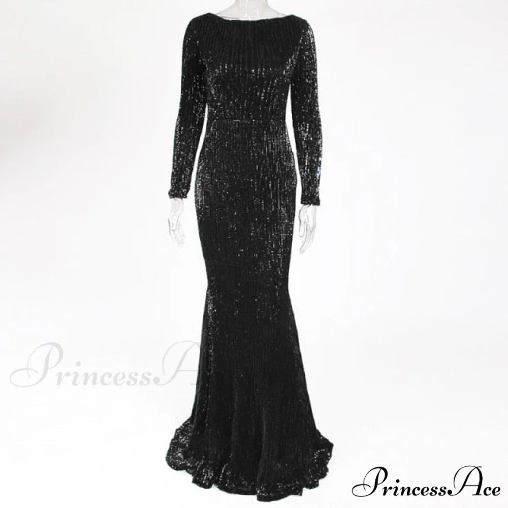 Elegant O Neck Long Sleeve Sequin Maxi Dress black / S