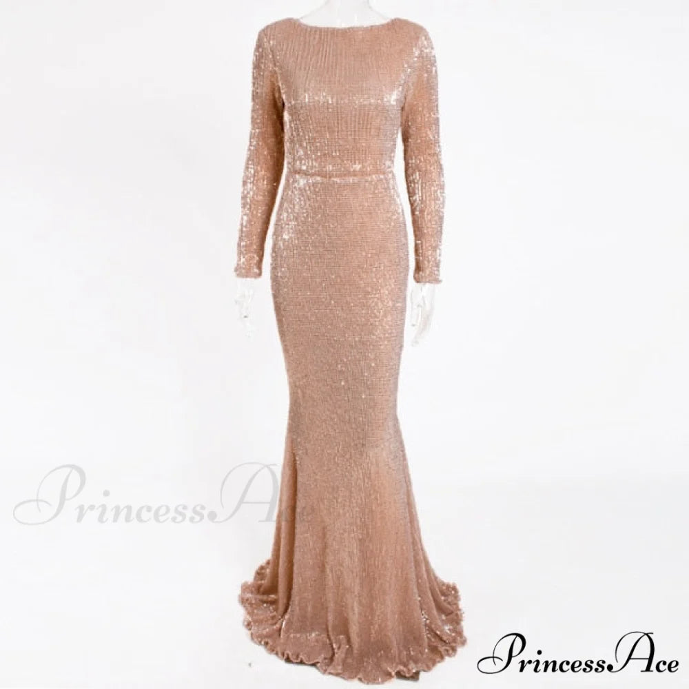 Elegant O Neck Long Sleeve Sequin Maxi Dress Champagne Gold / S