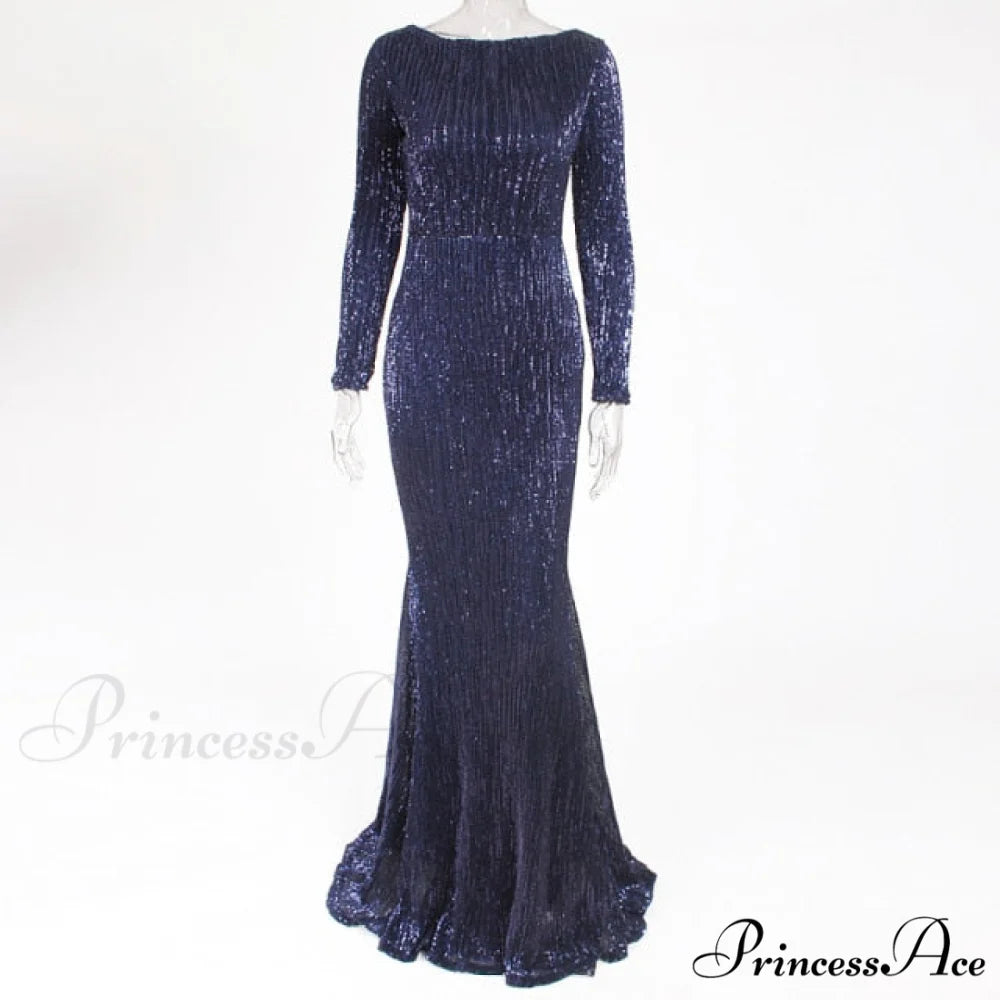 Elegant O Neck Long Sleeve Sequin Maxi Dress Navy Blue / S
