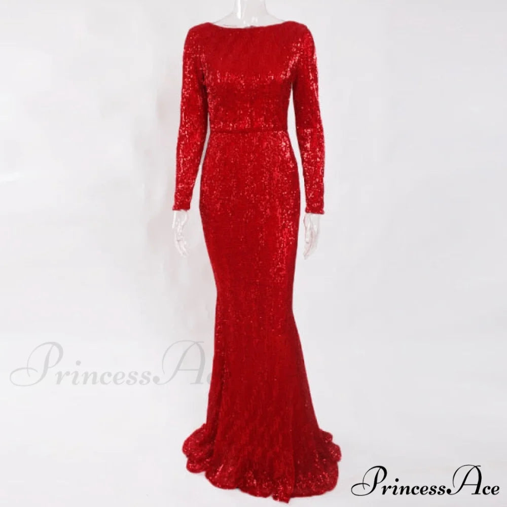 Elegant O Neck Long Sleeve Sequin Maxi Dress Red / S