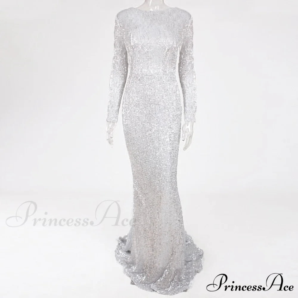 Elegant O Neck Long Sleeve Sequin Maxi Dress Silver / S