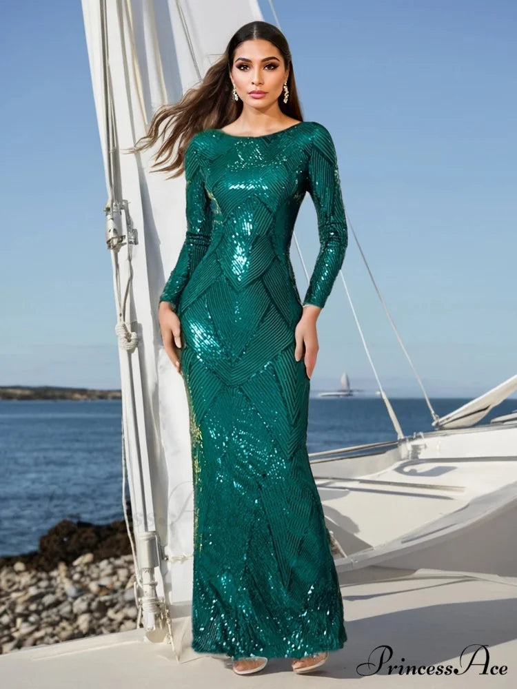 Elegant O Neck Long Sleeves Evening Prom Bodycon Dress Green Christmas Party Dress Green / S