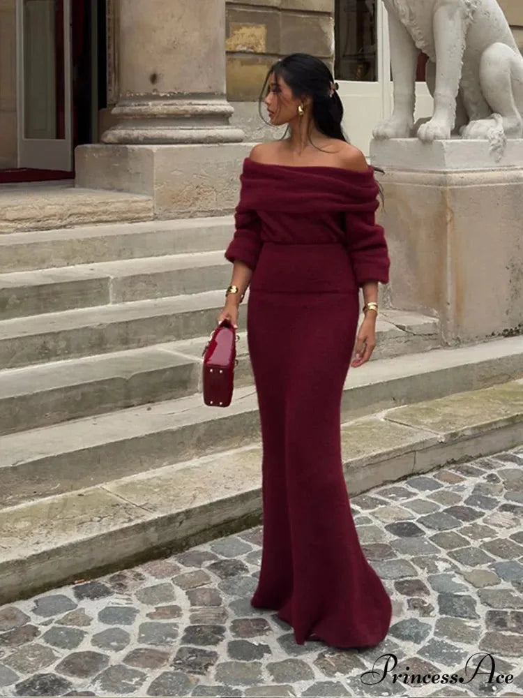 Elegant Off Shoulder Fold Knit Long Sleeve Tight Red Christmas Party Dress