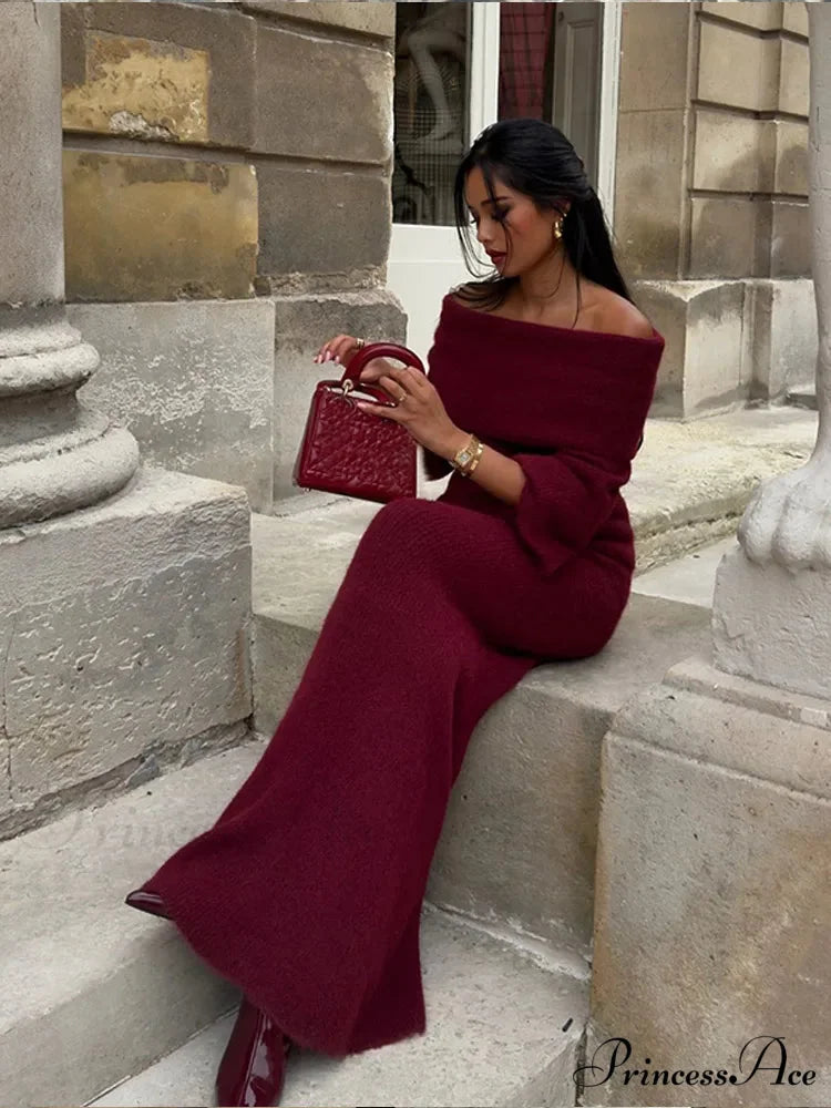 Elegant Off Shoulder Fold Knit Long Sleeve Tight Red Christmas Party Dress