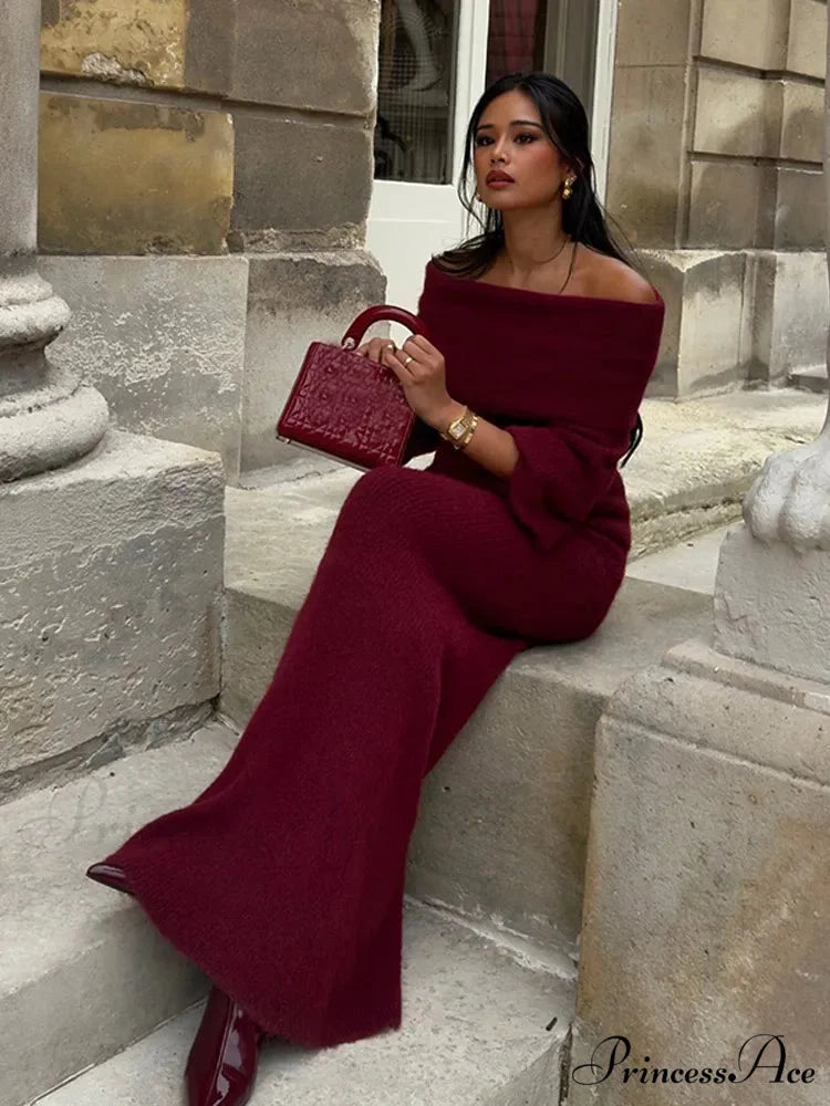 Elegant Off Shoulder Fold Knit Long Sleeve Tight Red Christmas Party Dress Dark red / S