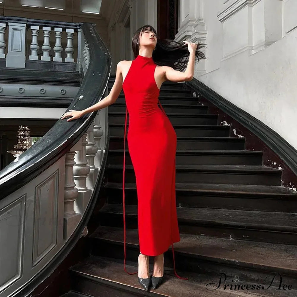 Elegant Off Shoulder High Waist Slim Long Red Luxury Evening Christmas Party Dress Red / S