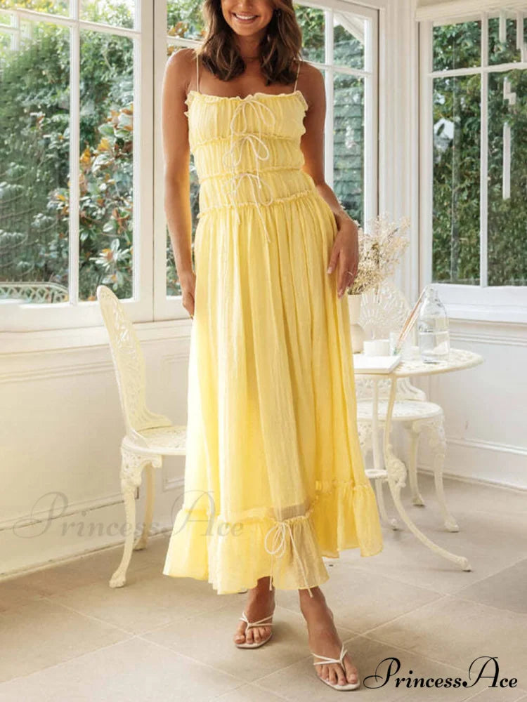 Elegant Off-Shoulder Stylish Strap Patchwork Dress Yellow / S