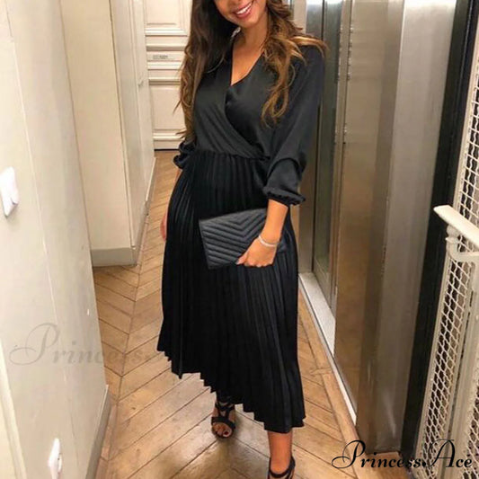 Elegant Off Shoulder V Neck Satin Pleated Midi Dress Black / S