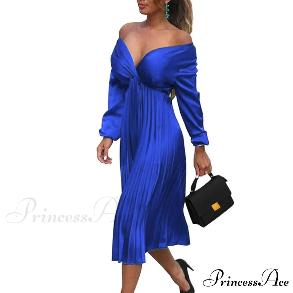 Elegant Off Shoulder V Neck Satin Pleated Midi Dress Blue / S